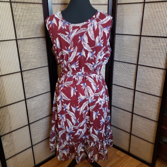 Ladies Red White And Blue  Leaf Pattern Midi Length Dress - Picture 1 of 11